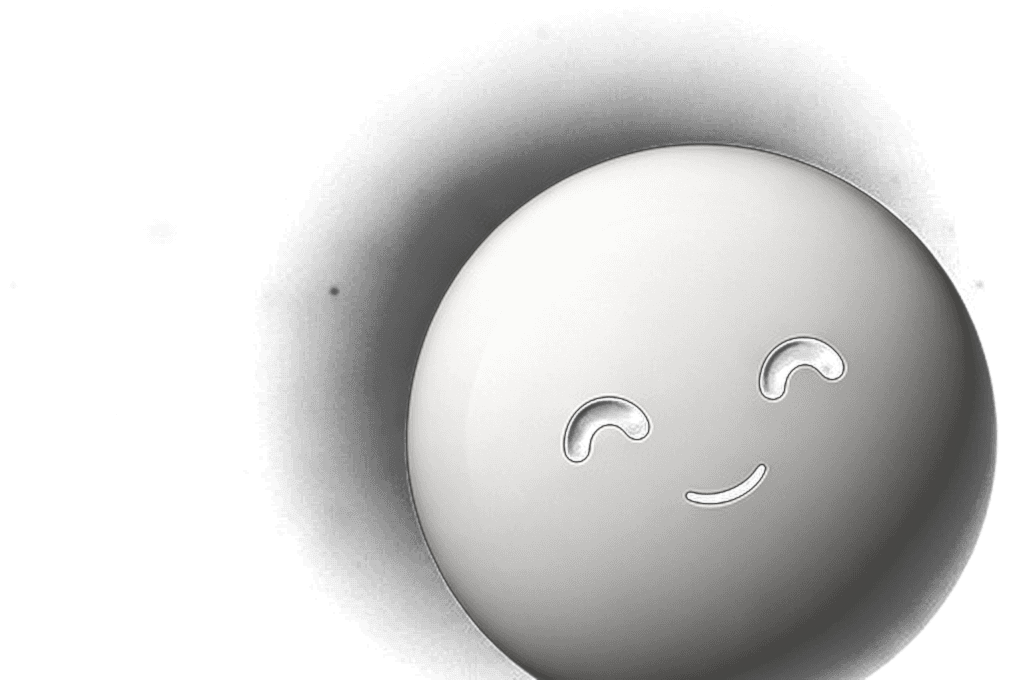 A smiling pale form above a dark Earth, in a field of stars